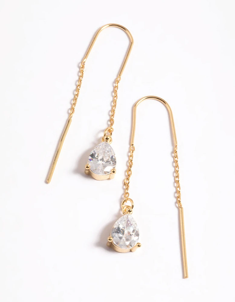 Gold Plated Cubic Zirconia Teardrop Thread Earrings