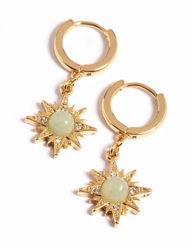 Gold Plated Green Semi Precious Sun Earrings