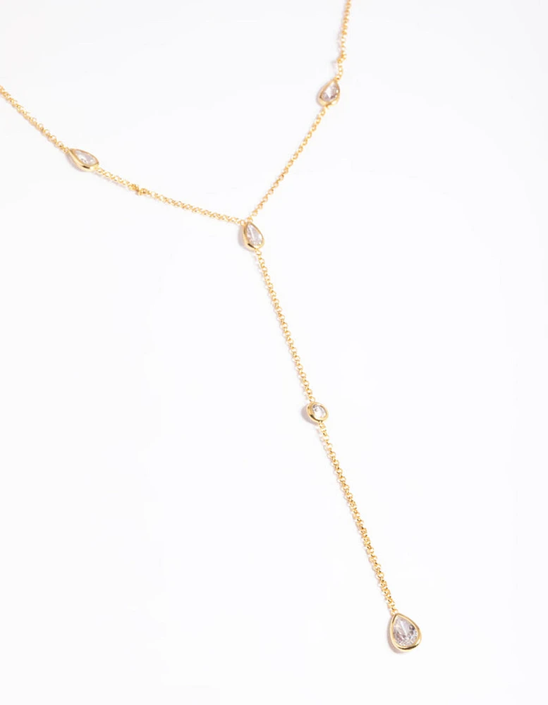 Gold Plated Cubic Zirconia Lariat Necklace