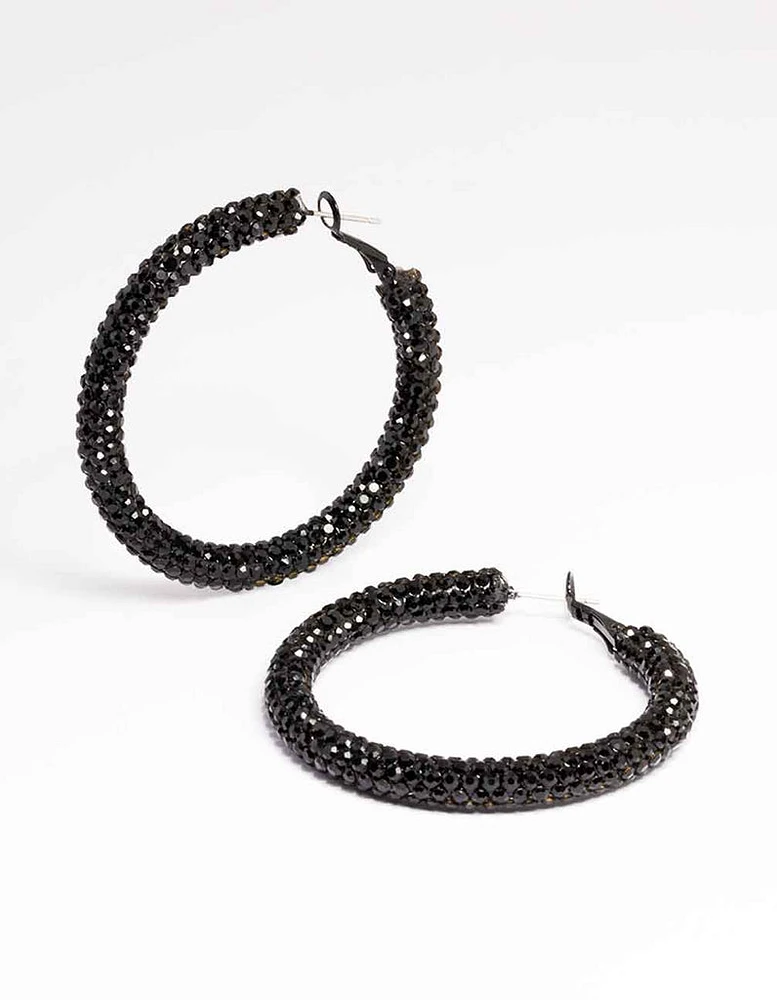 Jet Black Coated 40mm Crystal Hoop Earrings