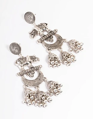 Long Antique Silver Elephant Jhumka Earrings