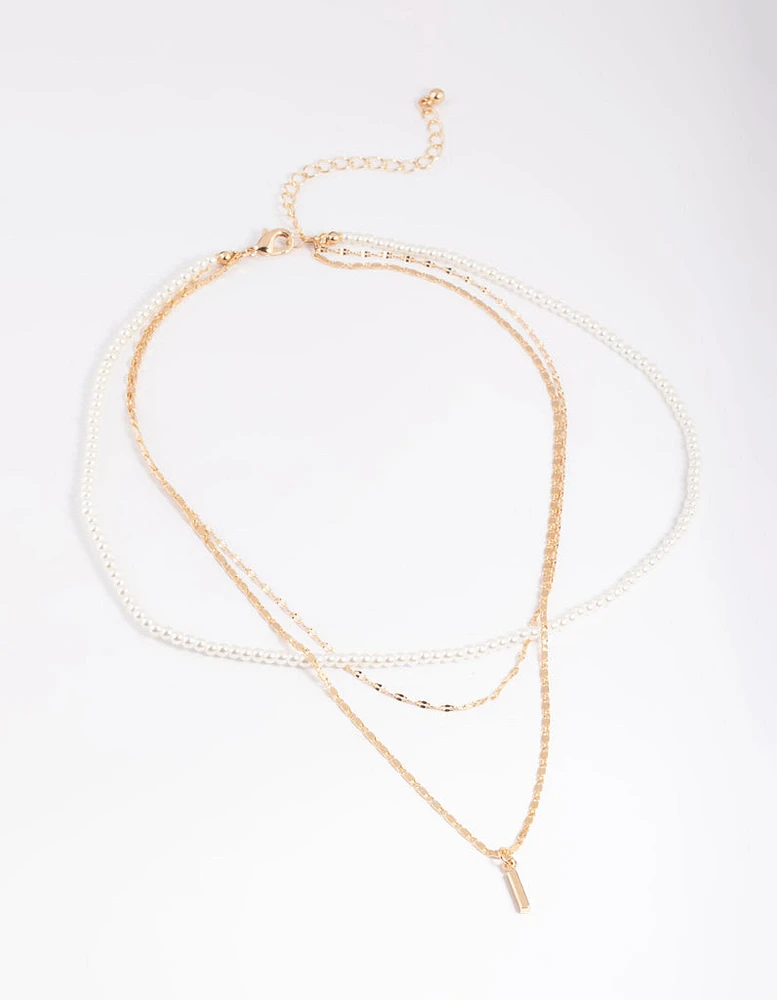 Gold Pearly Mix Chain 3 Row Necklace