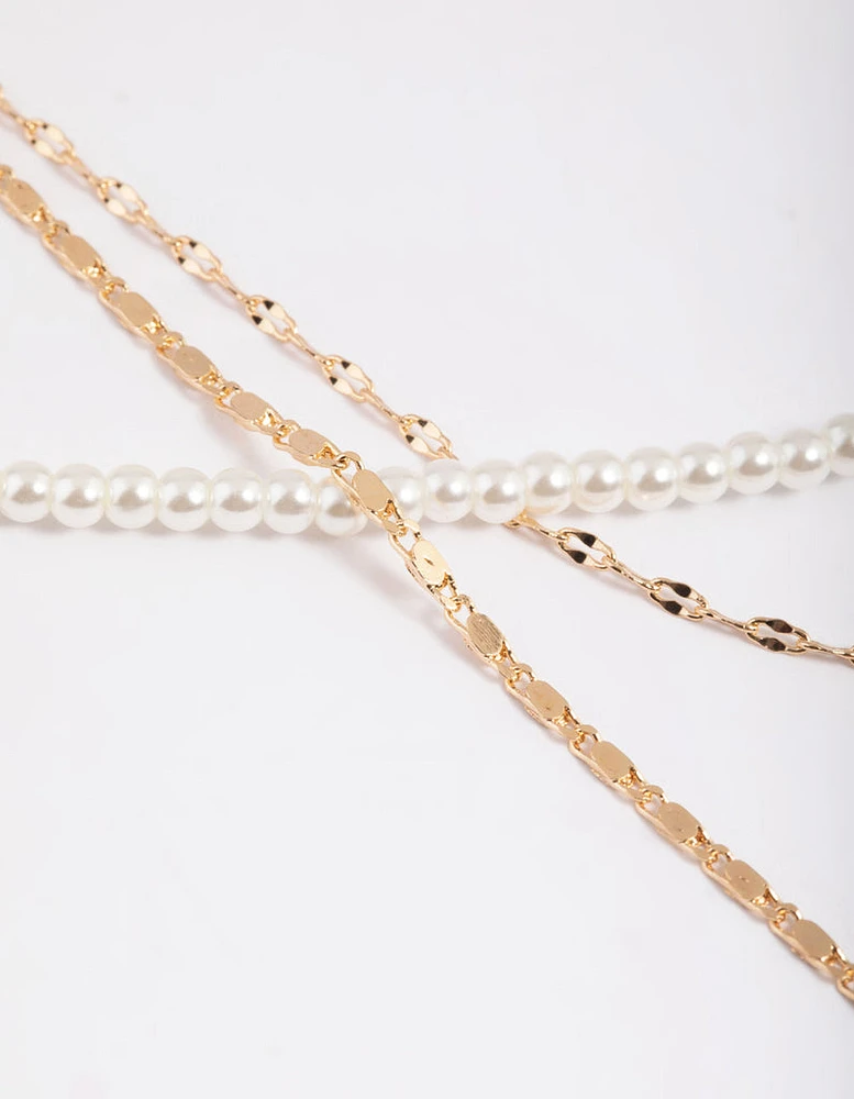 Gold Pearly Mix Chain 3 Row Necklace