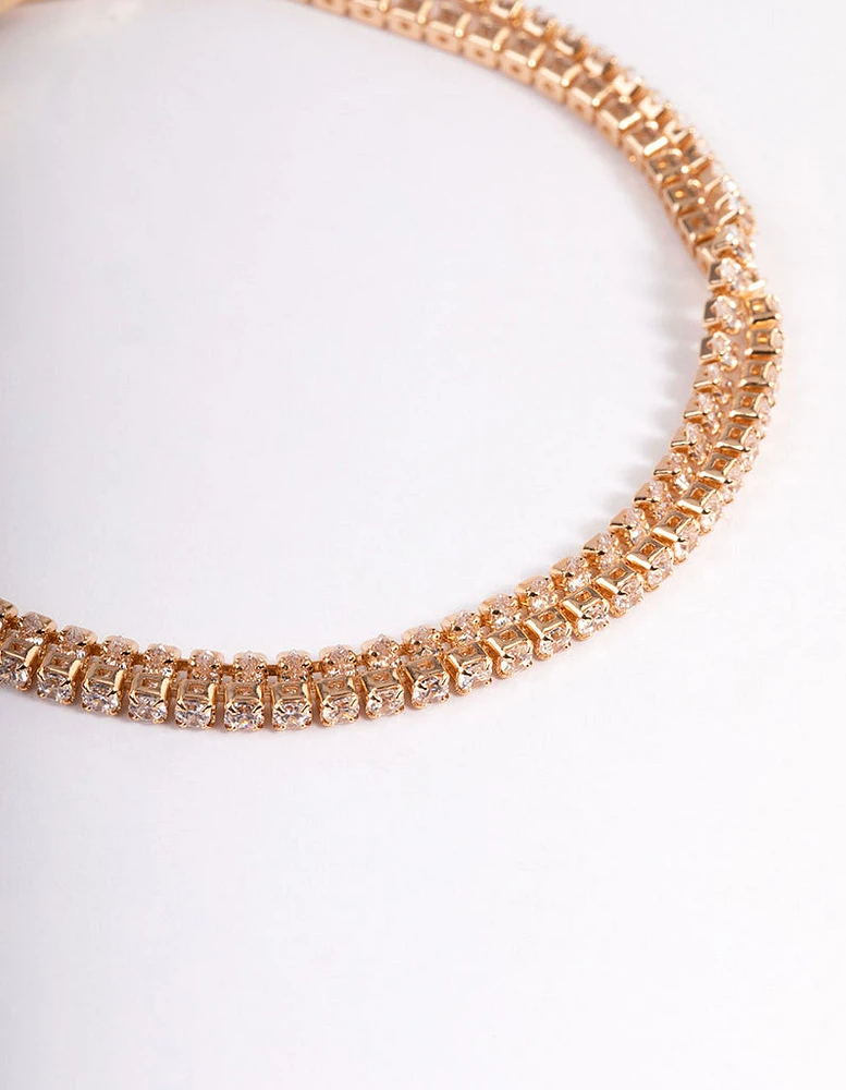 Gold Cubic Zirconia Mini Cupchain Double Row Tennis Bracelet