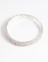 Silver Cubic Zirconia Diamante Stretch Triple Row Bracelet