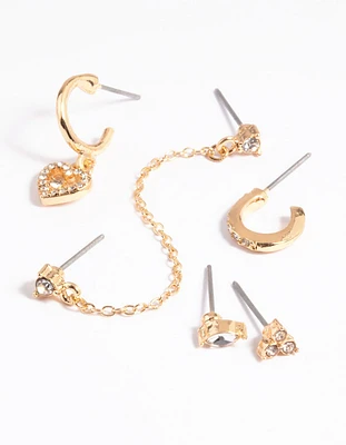 Gold Diamante Heart & Stack 6-Pack Earrings