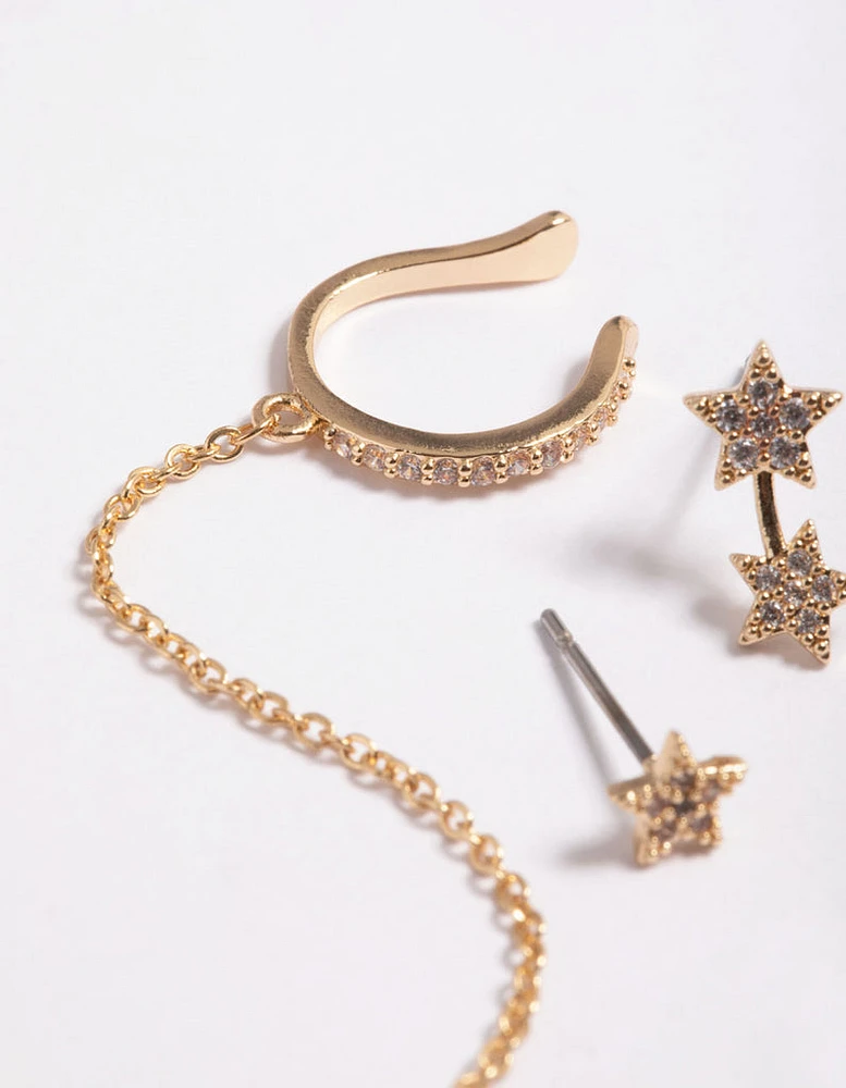 Gold Cubic Zirconia Star Stack 6-Pack Earrings