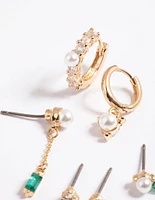 Gold Pearl & Emerald Earrings 6-Pack