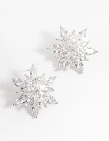 Silver Diamond Simulant Large Flower Stud Earrings