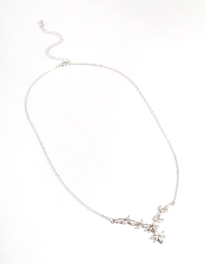 Rhodium Diamond Simulant Dainty Floral Necklace