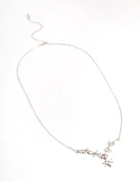 Rhodium Diamond Simulant Dainty Floral Necklace