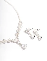 Rhodium Diamond Simulant Teardrop Fan Earring & Necklace Set