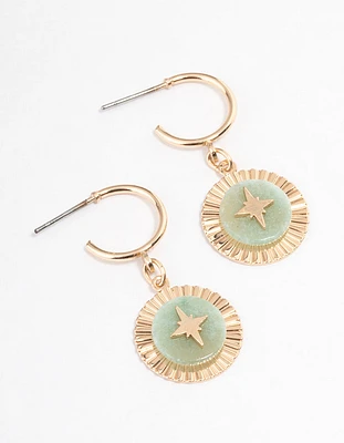 Gold Green Aventurine Star Disc Hoop Earrings