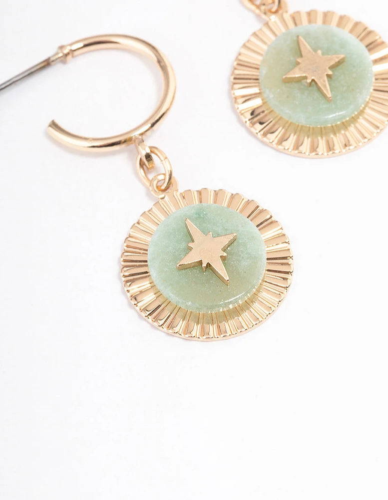 Gold Green Aventurine Star Disc Hoop Earrings