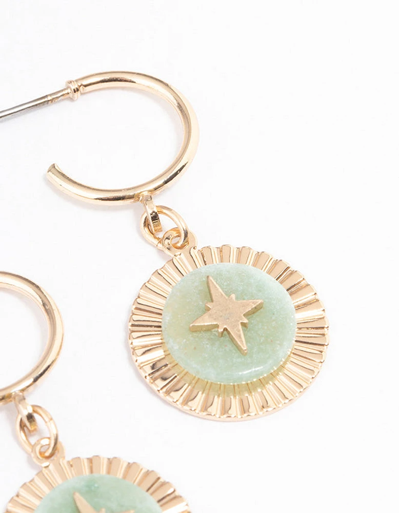 Gold Green Aventurine Star Disc Hoop Earrings