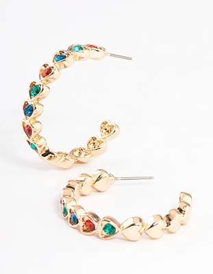 Gold Multi Diamante Heart Hoop Earrings