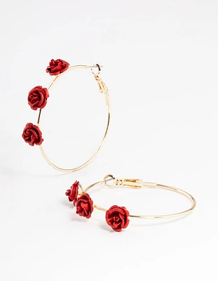 Gold Large Triple Rose Hoop Earrings