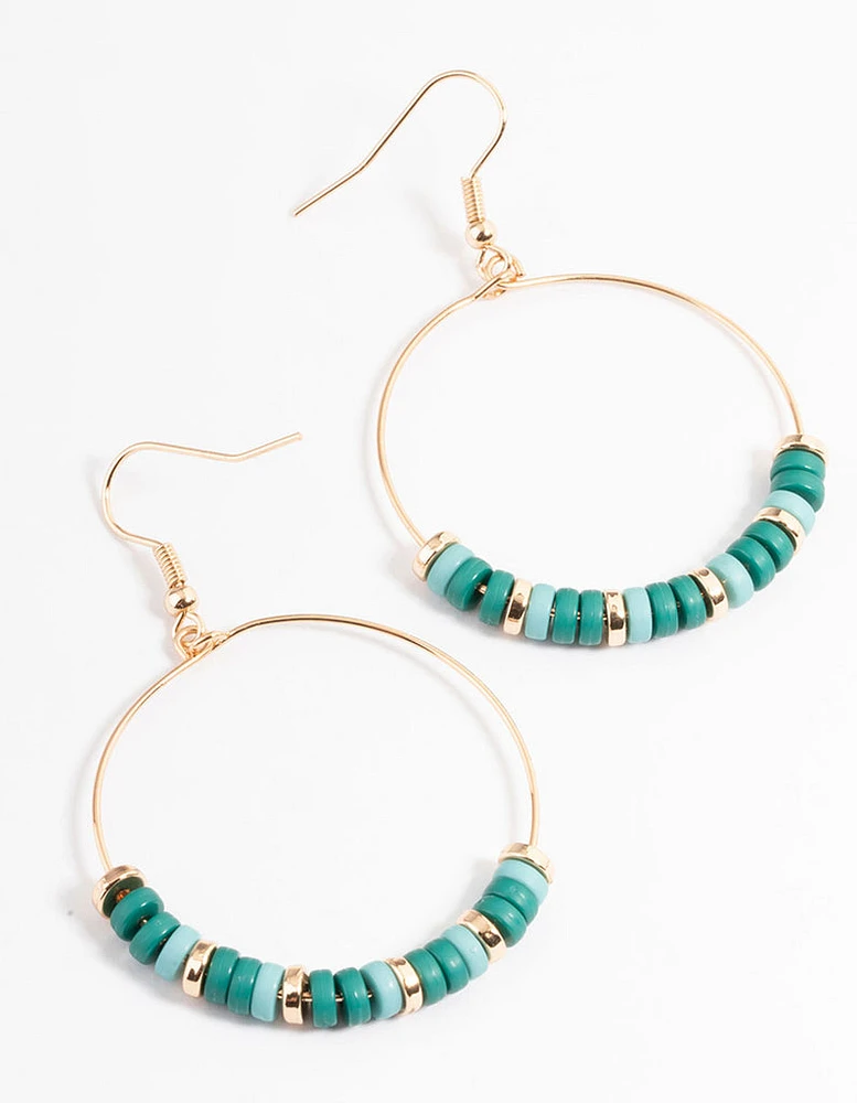 Green Open Wire Bead Drop Earrings