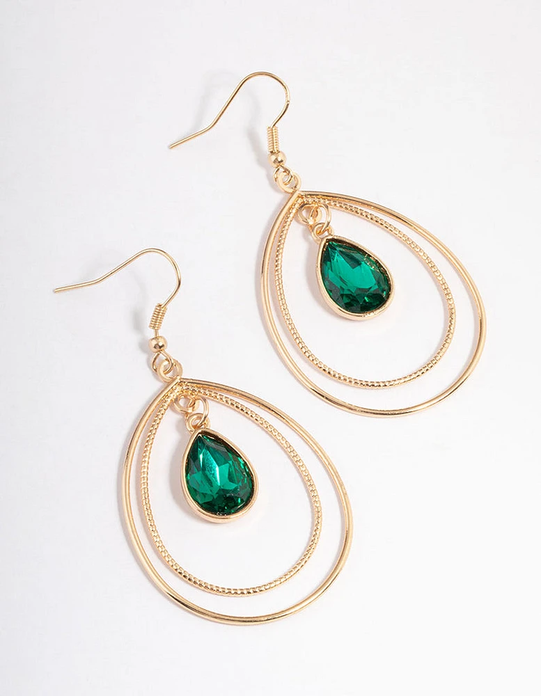 Green Open Pear Diamante Drop Earrings