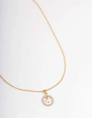 Gold Stone Set Circle with Pearl Necklace