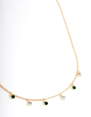 Gold Diamante Green Stone Droplet Necklace