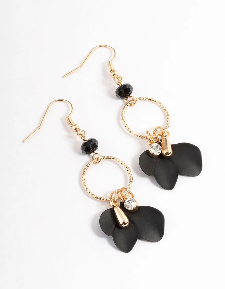 Black Open Circle Petal Drop Earrings