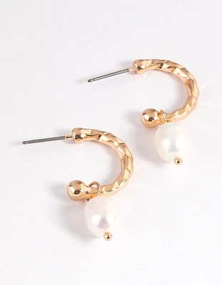 Gold Freshwater Pearl Textured Hoop Earrings