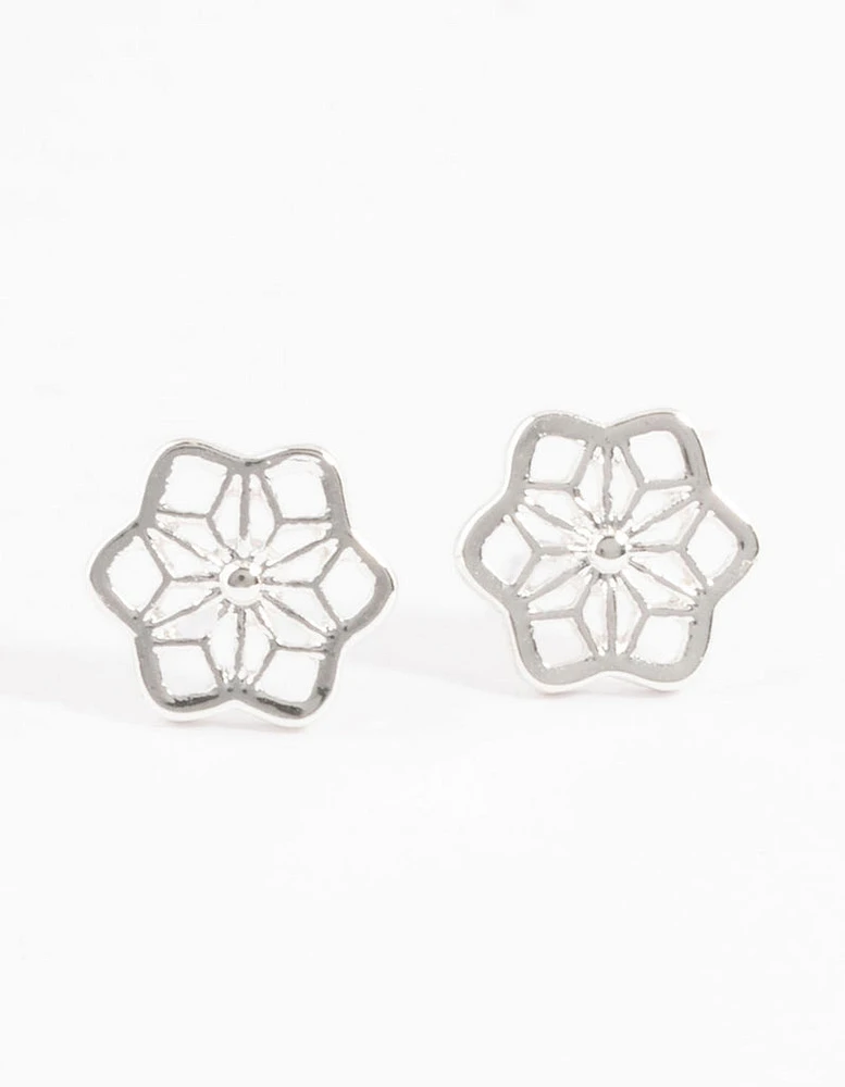 Silver Geometric Flower Stud Earrings