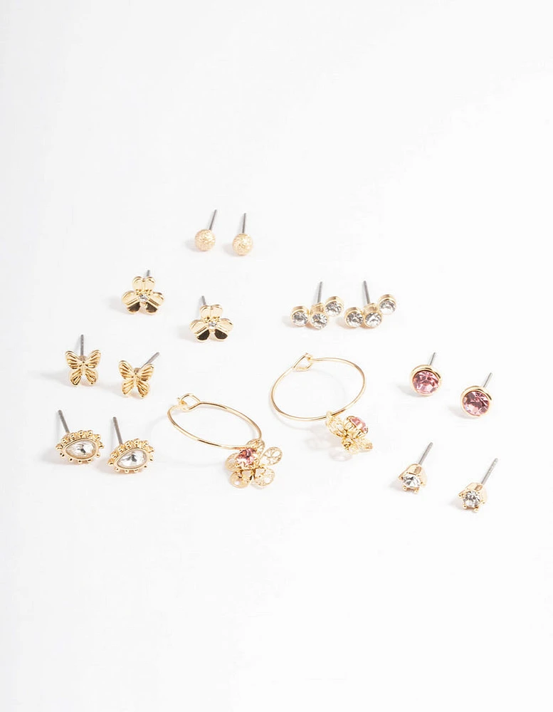 Gold Dainty Diamante Garden Earrings 8-Pack