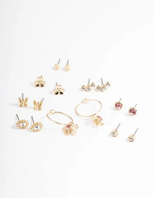 Gold Dainty Diamante Garden Earrings 8-Pack