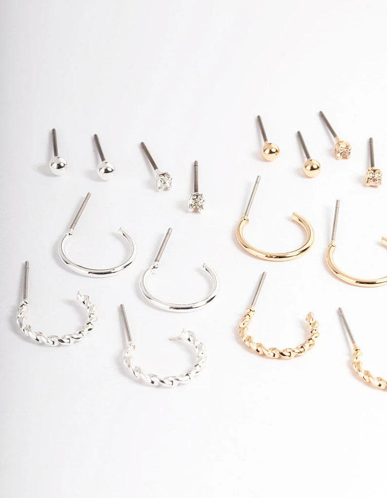 Mixed Metal Plain & Dimanate Stud & Hoop Earring 12-Pack