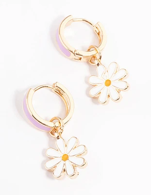 Lilac Enamel Daisy Huggie Earrings