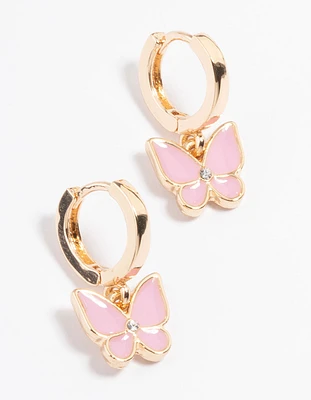 Gold Pink Enamel Butterfly Huggie Earrings