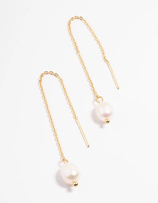 Gold Plated Stainless Steel Freshwater Pearl Thread Through Earrings