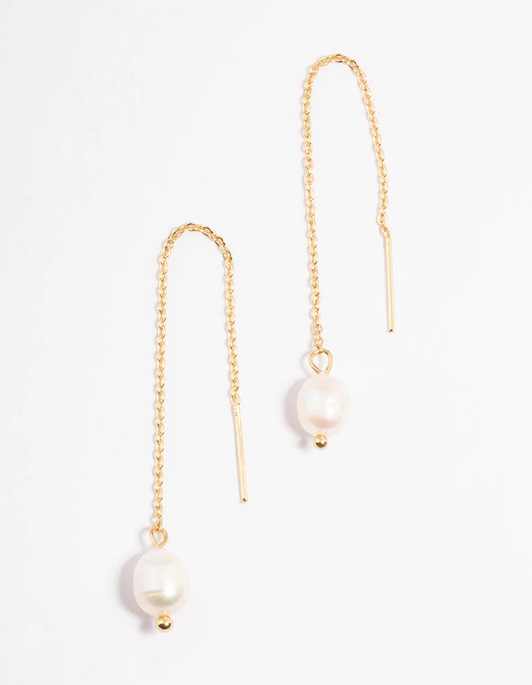 Gold Plated Stainless Steel Freshwater Pearl Thread Through Earrings