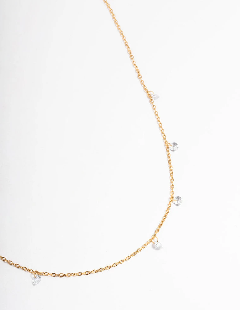 Gold Plated Stainless Steel Cubic Zirconia Drop Fine Chain Necklace