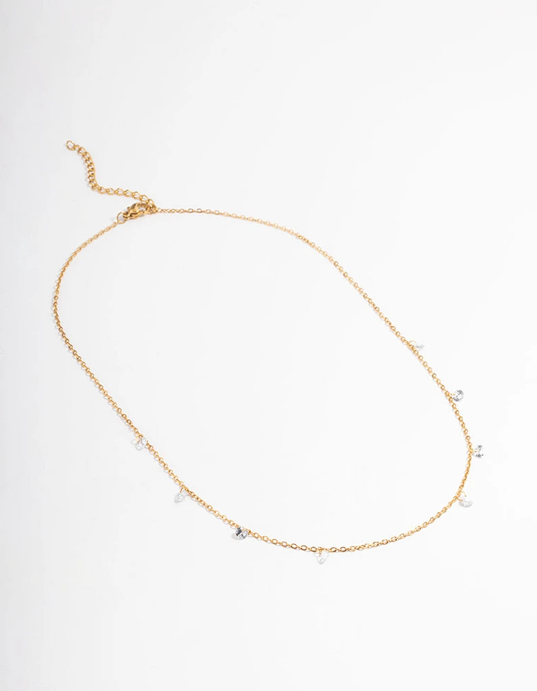 Gold Plated Stainless Steel Cubic Zirconia Drop Fine Chain Necklace