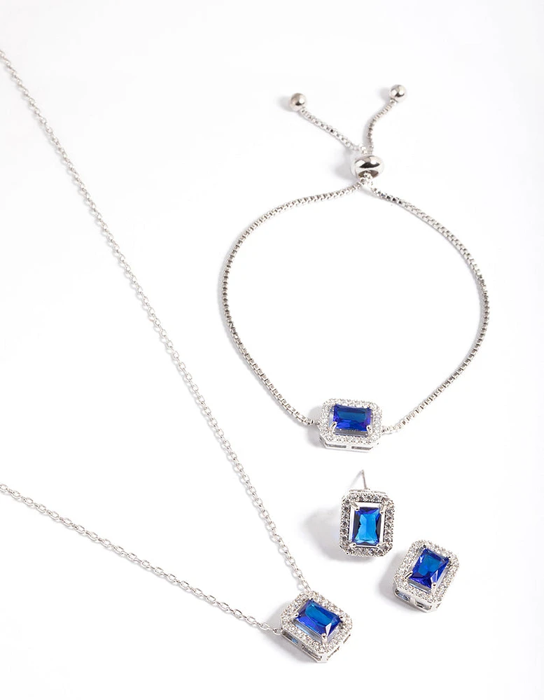 Silver Diamond Simulant Square Halo Earring, Necklace & Bracelet Set