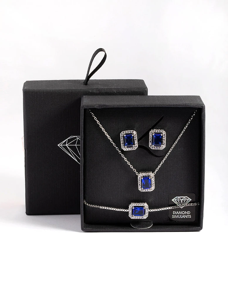 Silver Diamond Simulant Square Halo Earring, Necklace & Bracelet Set