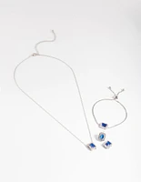 Silver Diamond Simulant Square Halo Earring, Necklace & Bracelet Set