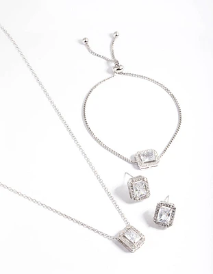 Silver Diamond Simulant Square Halo Jewellery Set