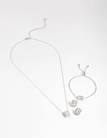 Silver Diamond Simulant Square Halo Jewellery Set