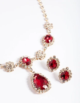 Gold Diamond Simulant Ruby Oval Flower Earring & Necklace Set