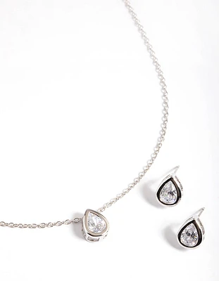 Rhodium Diamond Simulant Clear Teardrop Earring & Necklace Set