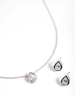 Silver Diamond Simulant Clear Teardrop Earring & Necklace Set