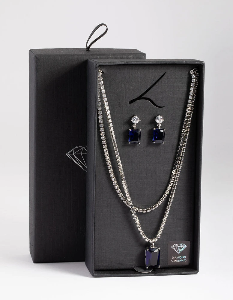 Rhodium Diamond Simulant Sphere Drop Earrings & Necklace Set