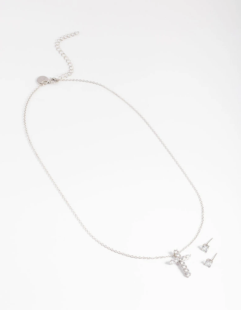 Rhodium Diamond Simulant Stud & Cross Necklace Set