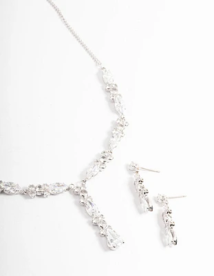 Diamond Simulants Silver Statement Drop Earrings & Necklace Set