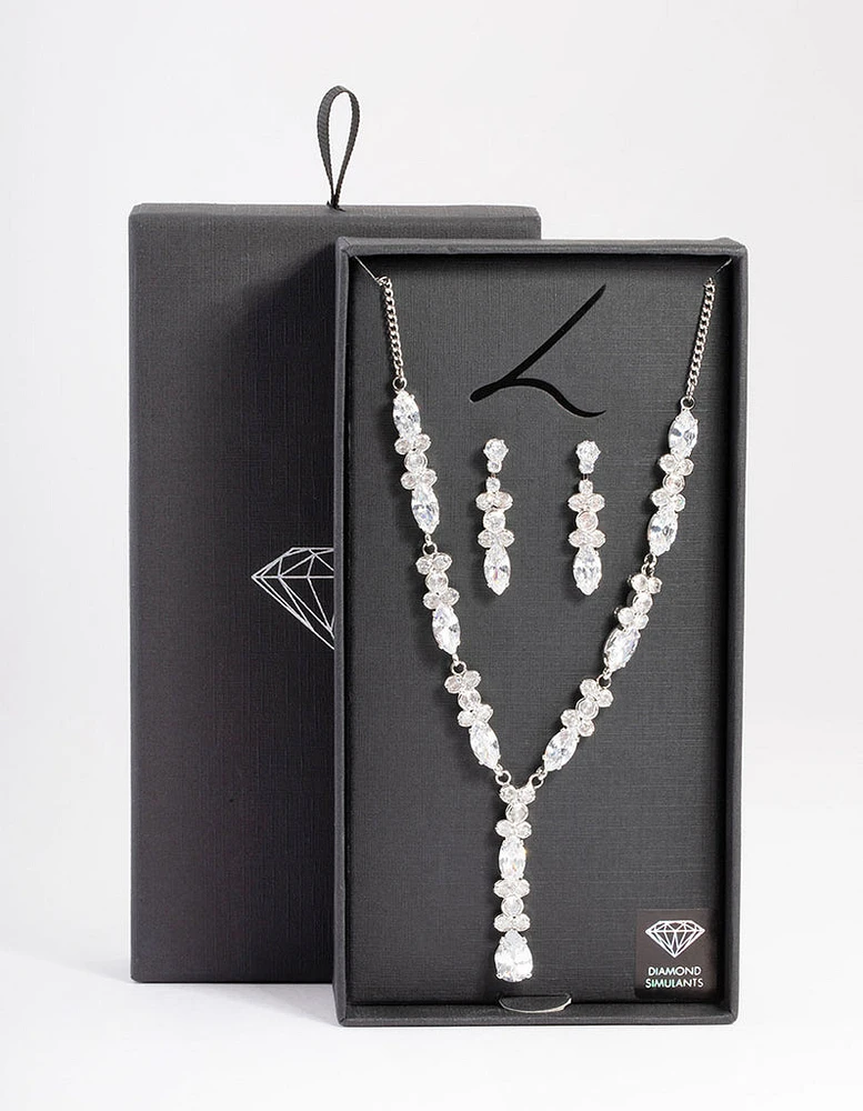 Diamond Simulants Rhodium Statement Drop Earrings & Necklace Set