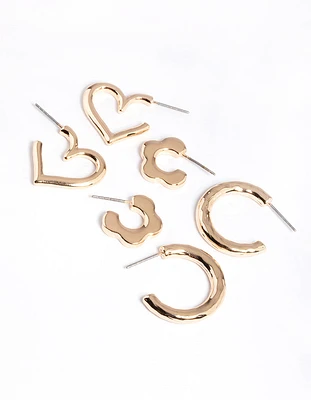 Gold Flower Heart Round Earrings Pack